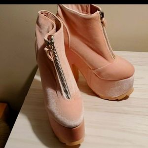 YNU Dolls Kill blush velvet platform booties